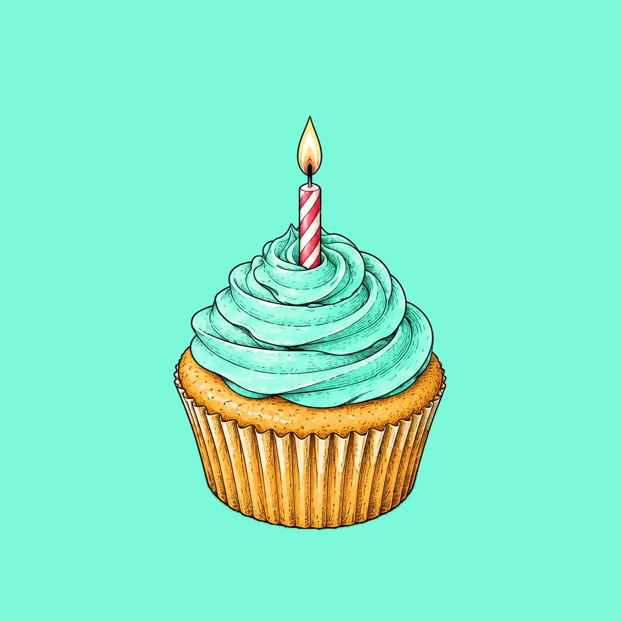 A cupcake with mint frosting and a lit candle
